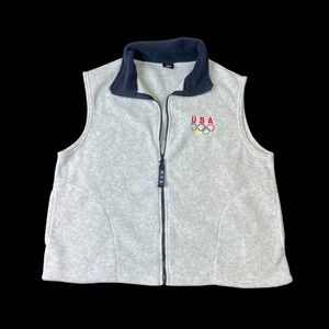 Vintage USA Olympics Fleece Vest Gray Navy Blue Full Zip Mens XL Made in USA